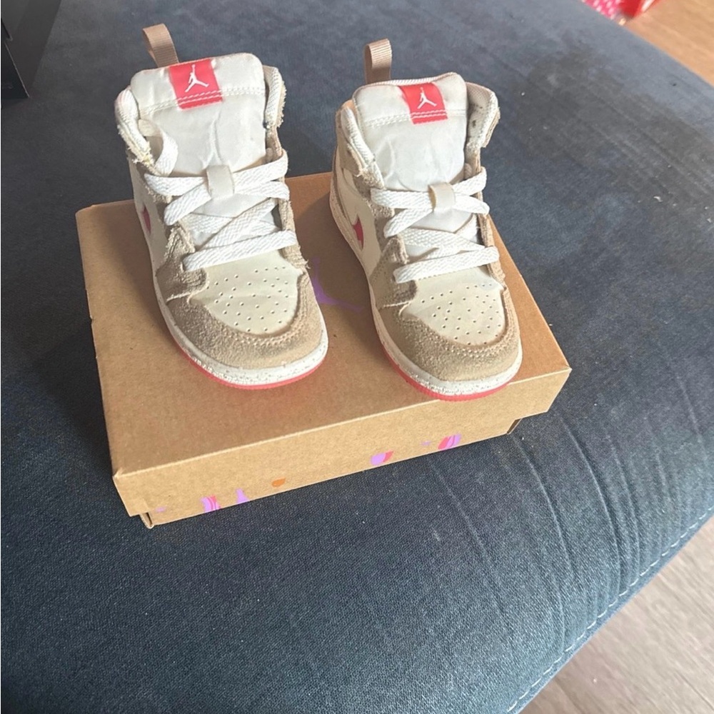 Kids Light Tan and Red High-Top Sneakers